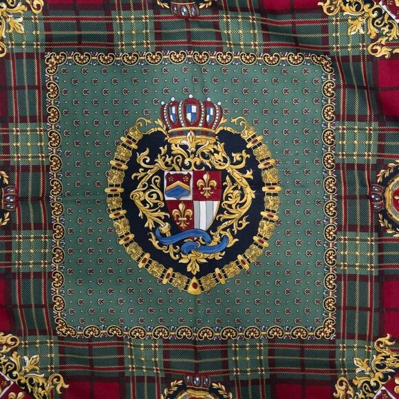 Vintage Tartan & Crest Polyester Large Square Scarf | Navy, Green, Red, Gold - Picture 3 of 3